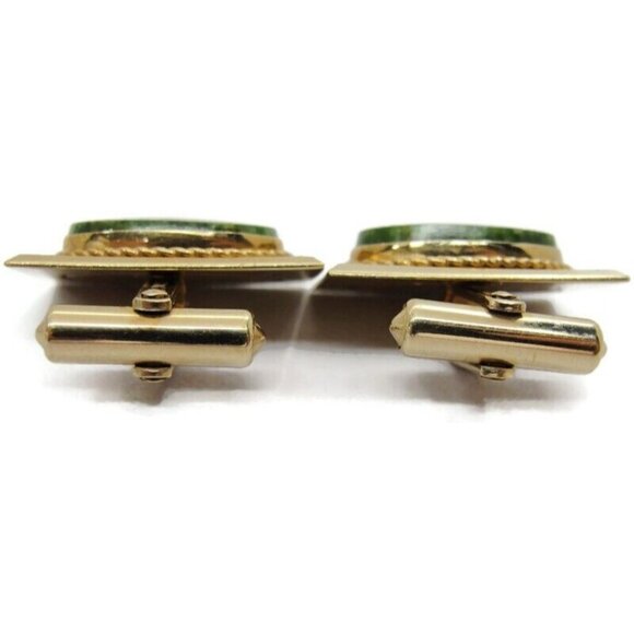 Vintage Destino Square Cufflinks 1/20 12K Gold Filled Green Oval Jade Center - Picture 5 of 12